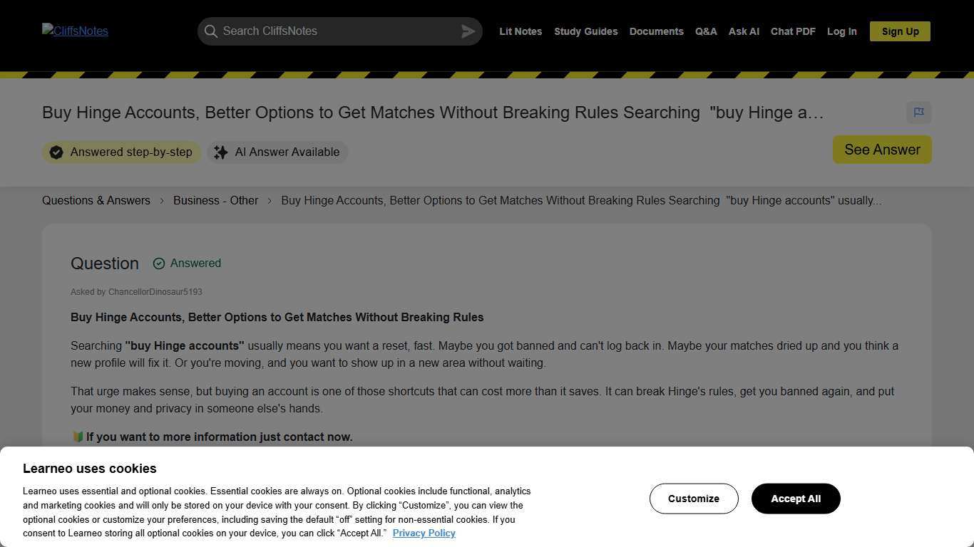 [Solved] Buy Hinge Accounts, Better Options to Get Matches Without Breaking Rules Searching  "buy Hinge accounts" usually... CliffsNotes